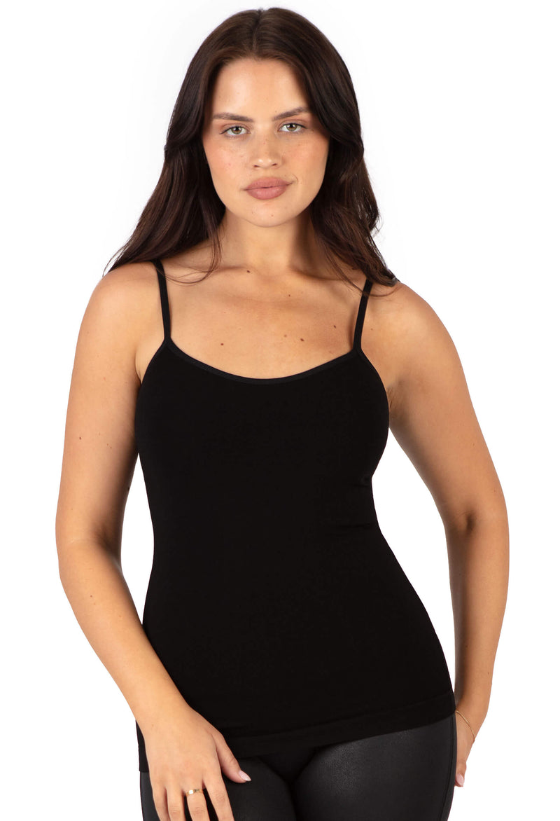 Close-up of bamboo fabric on a black camisole, showing its soft, breathable texture