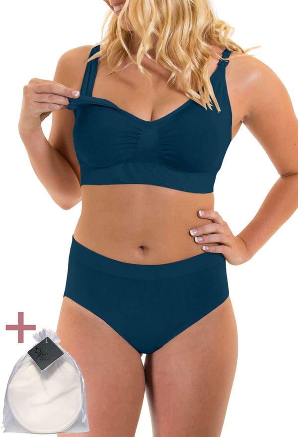 Blue Bamboo Nursing Bra + High Cut Undies Set With FREE Eco-Friendly Reusable Nursing Pads