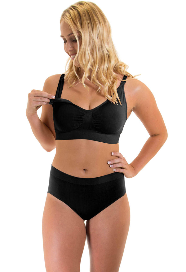 Black Bamboo Nursing Bra + High Cut Undies Set With FREE Eco-Friendly Reusable Nursing Pads