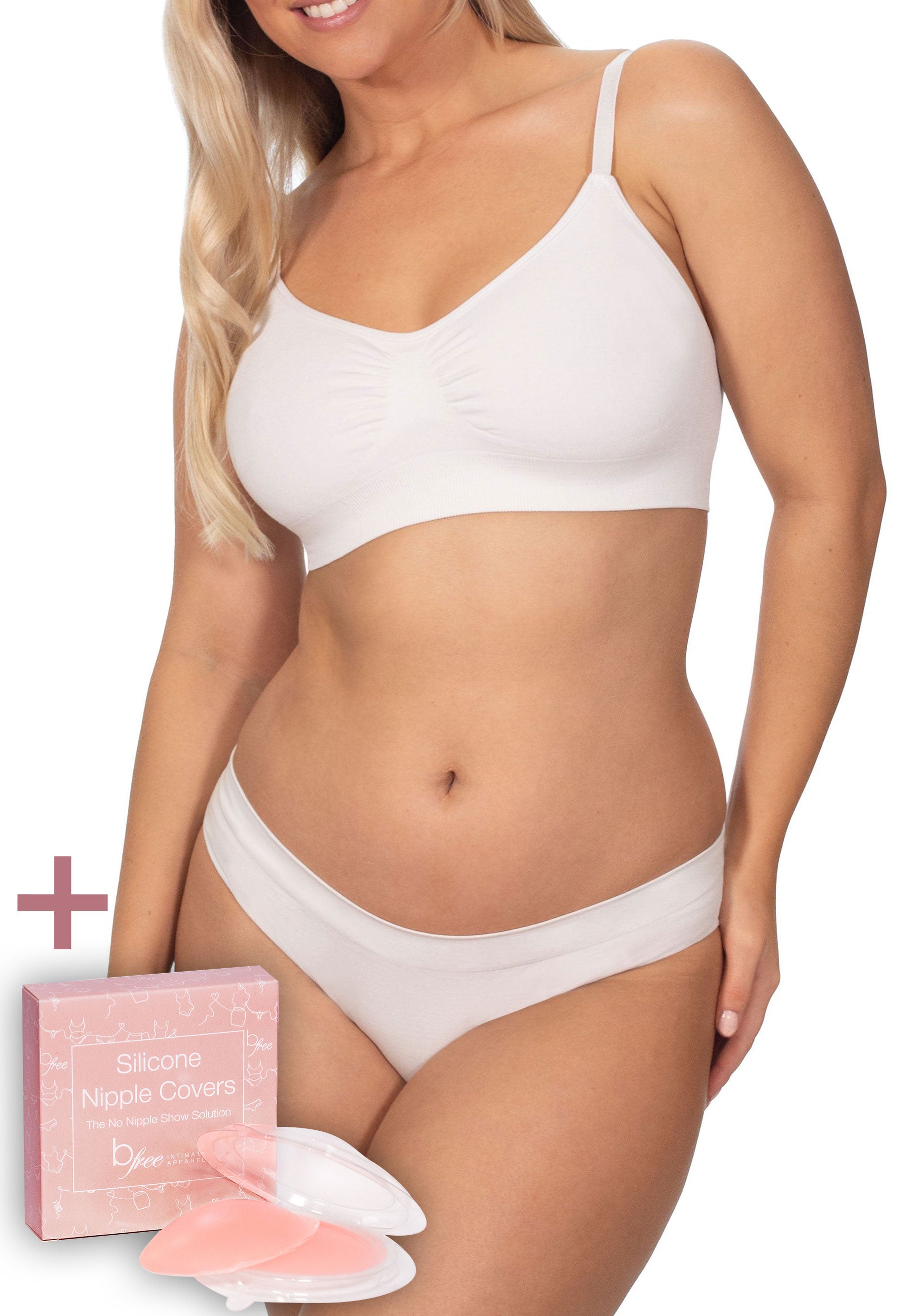 White Bamboo Padded Wire Free Bra and Bikini Set With FREE Nipple Covers