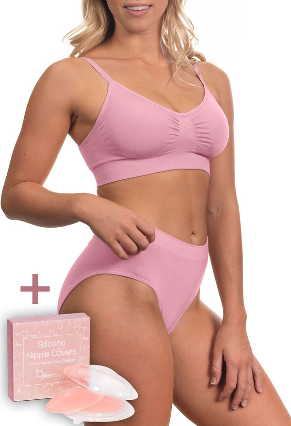 Pink Bamboo Bra + High Cut Set With FREE Nipple Covers