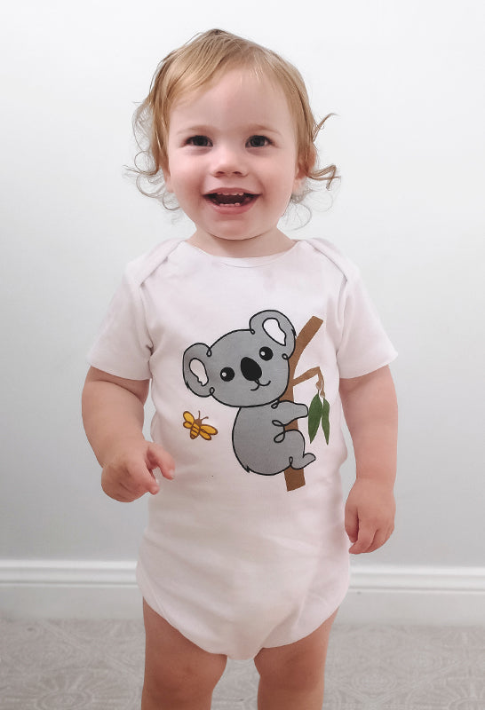 Baby Koala Motif White Short Sleeve Bodysuit 100 Organic Cotton B Free Australia