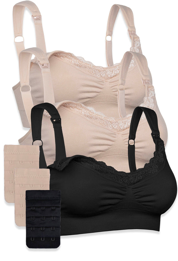 3 Pack Cushion Padded Strap Wire Free Maternity and Nursing Bra + Bra Extender Set