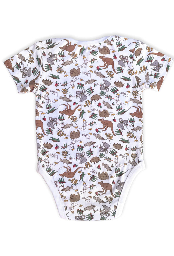 100% Organic Cotton Short Sleeve Baby Bodysuit - Native Aussie Animals