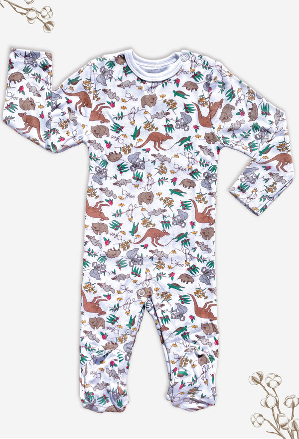 Baby Snap Button Sleepsuit with Booties - 100% Organic Cotton - Native Aussie Animals