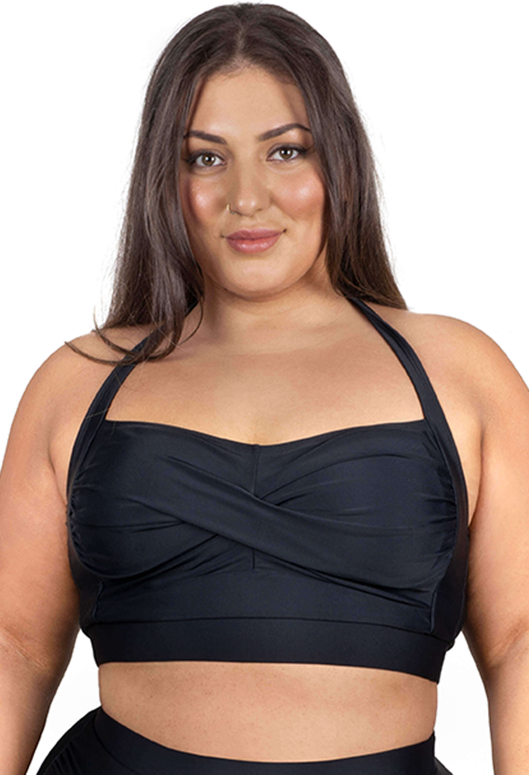Swim 365 Women's Plus Size Zip Front Posture Bra Tankini Top - 34, Black